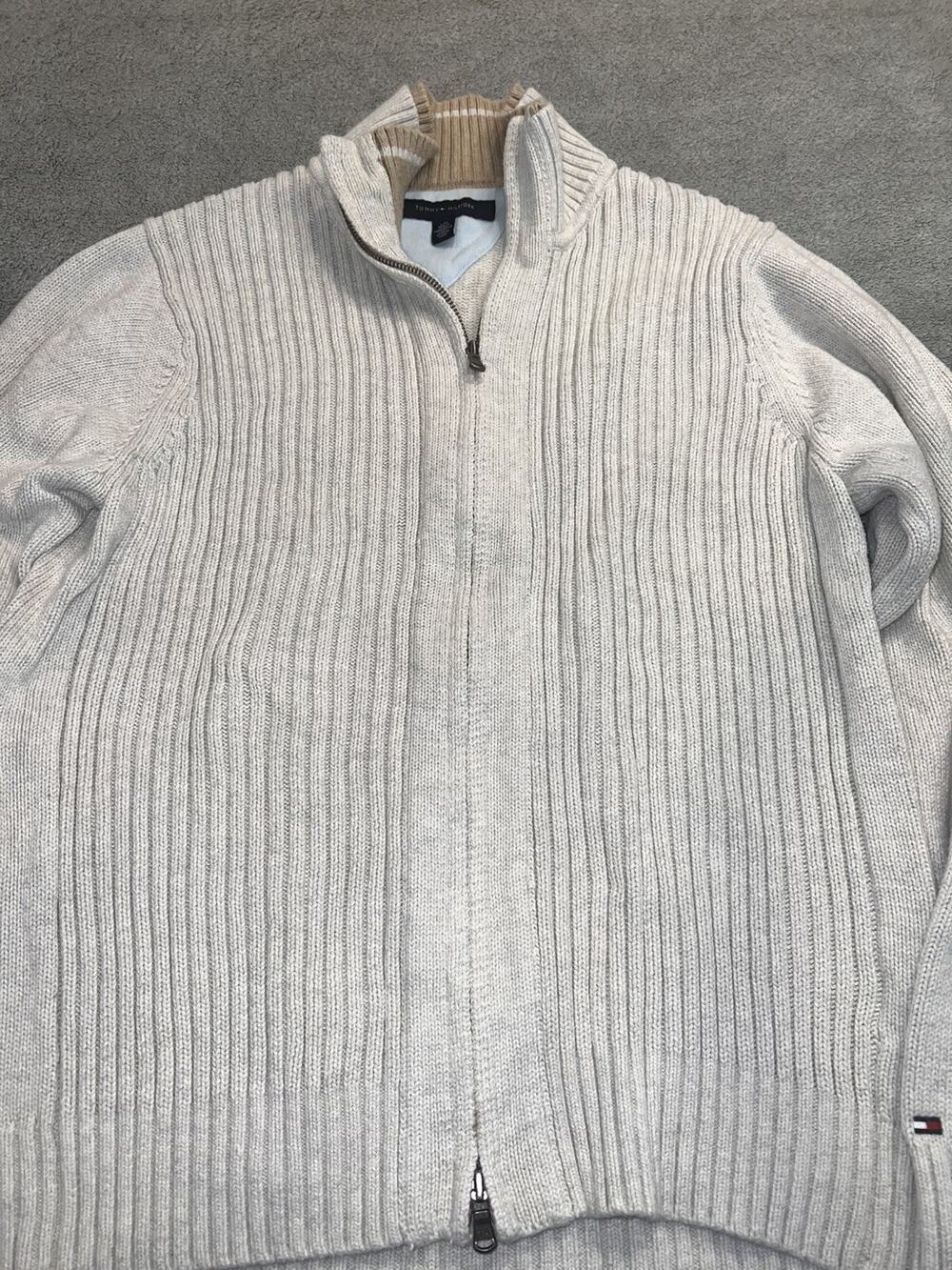 Tommy Hilfiger Men's Full Zip Ribbed Knit Cardigan Sweater Beige Size L B291